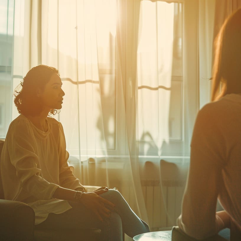 Woman in sunlit room getting psychotherapy at Pure Balance