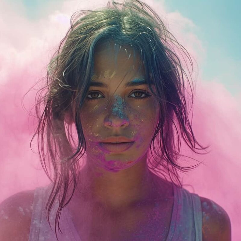 Woman with pink dust rising around her and yellow chalk on her face to show the strength you can have with depression help in Benton County at Pure Balance