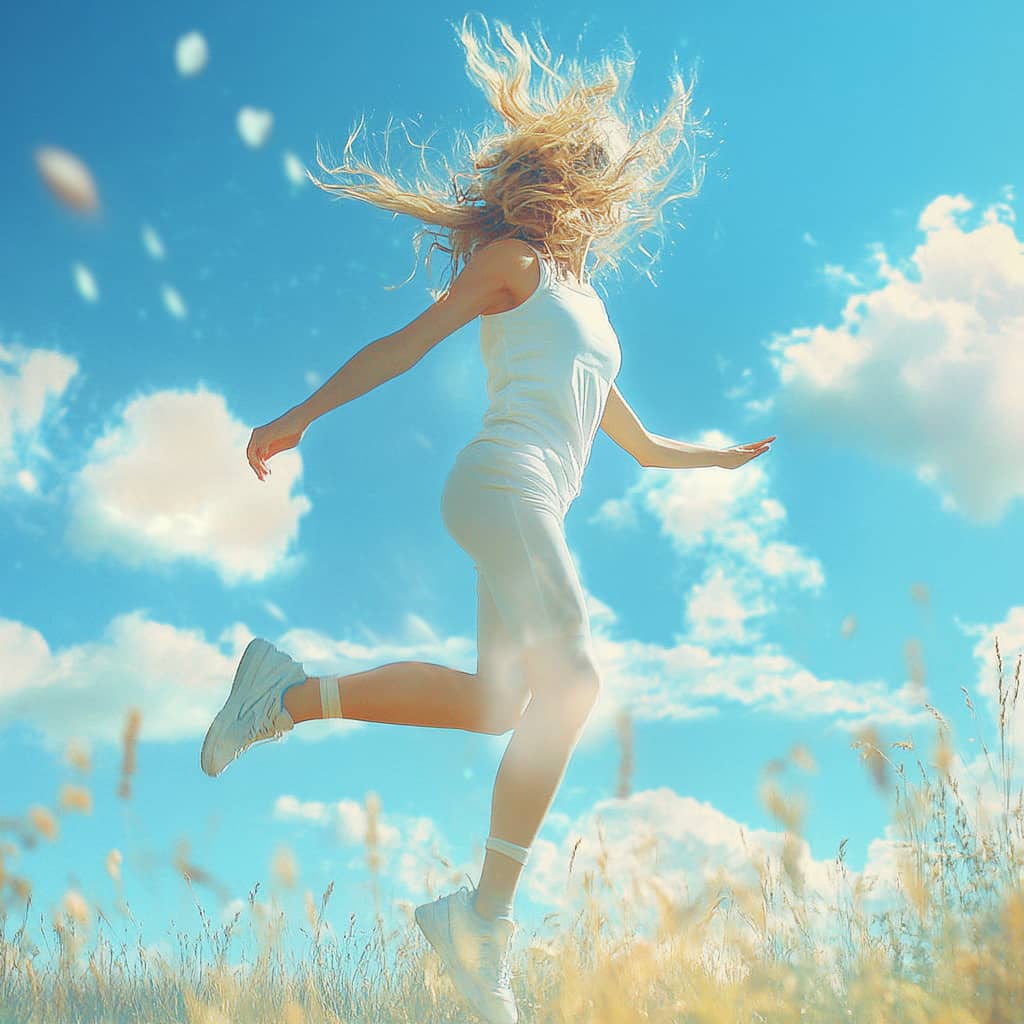 Woman is joyfully exercising with soft colors and clear blue background to show she is free from chronic fatigue.
