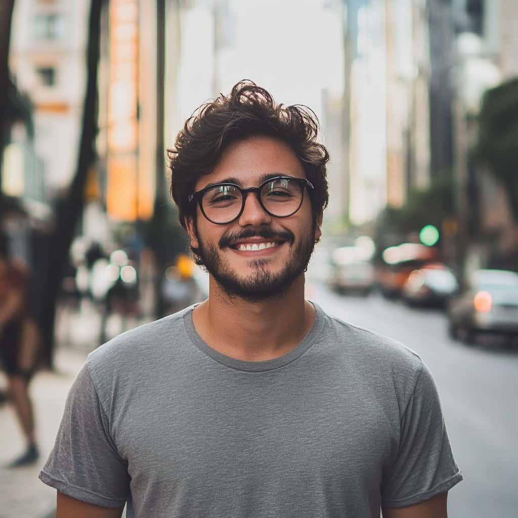 Man in a city with glasses smiling as a result of his care at a wellness center in Benton County